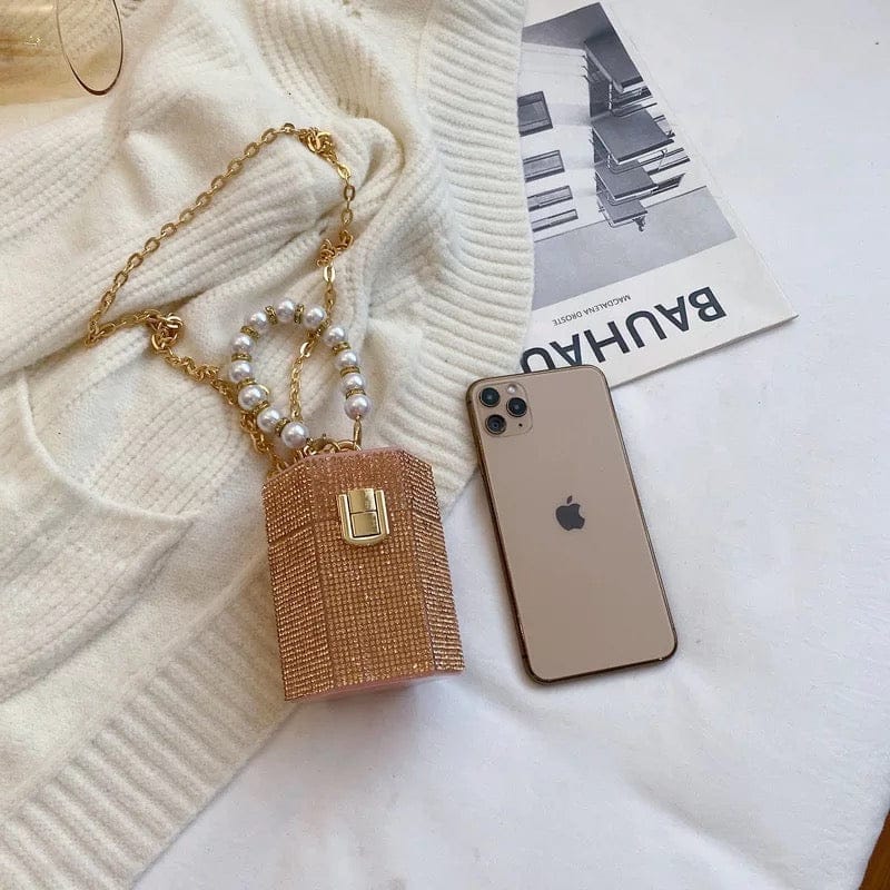 Hexagon Rhinestone Pearl Handle Bag