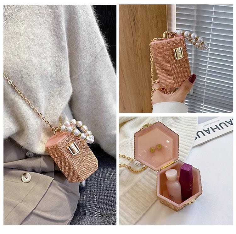 Hexagon Rhinestone Pearl Handle Bag
