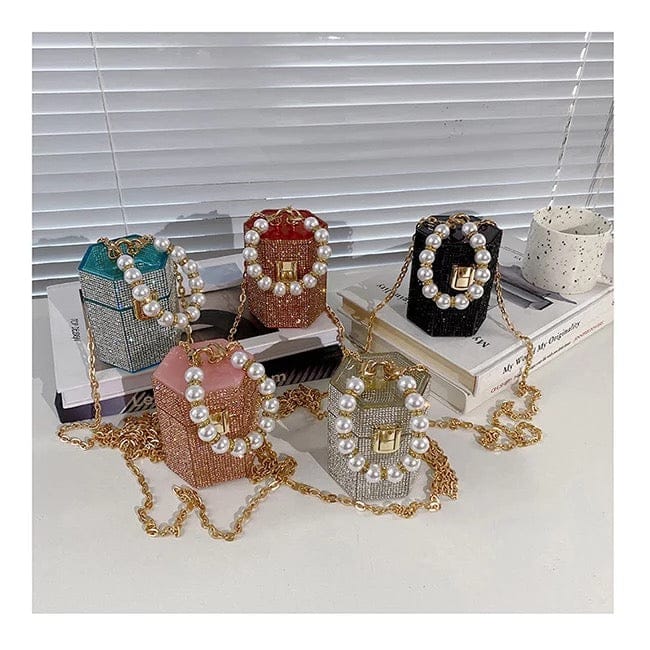 Hexagon Rhinestone Pearl Handle Bag