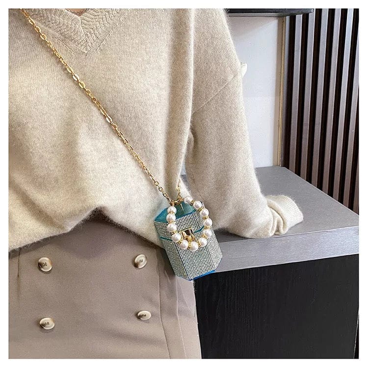 Hexagon Rhinestone Pearl Handle Bag