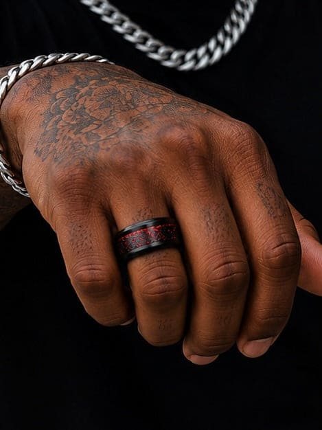 Bold black tungsten ring with red carbon fiber inlay and dragon engraving. Durable, stylish, gifts, and everyday men’s fashion.