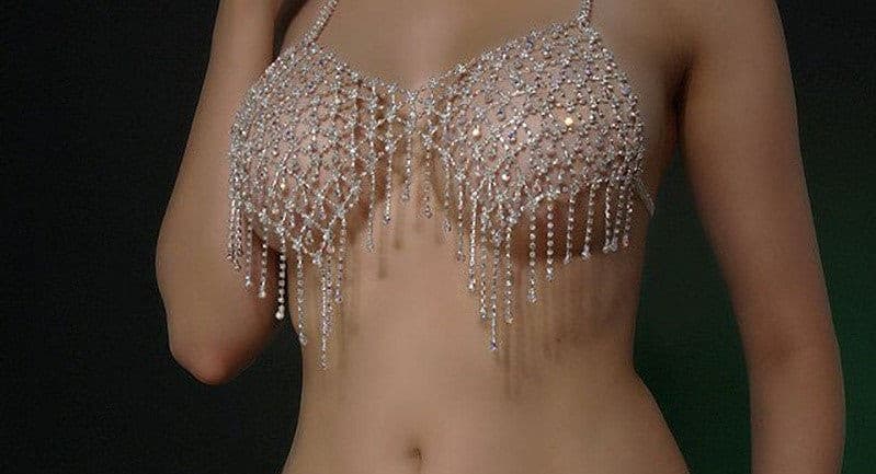 Crystal Body Chain Bra with Rhinestone Inlay and Tassel Detail - 18k Gold  Silver Plated