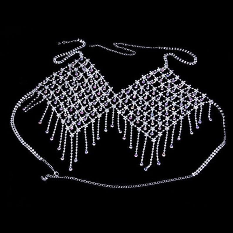 Crystal Body Chain Bra with Rhinestone Inlay and Tassel Detail - 18k Gold  Silver Plated